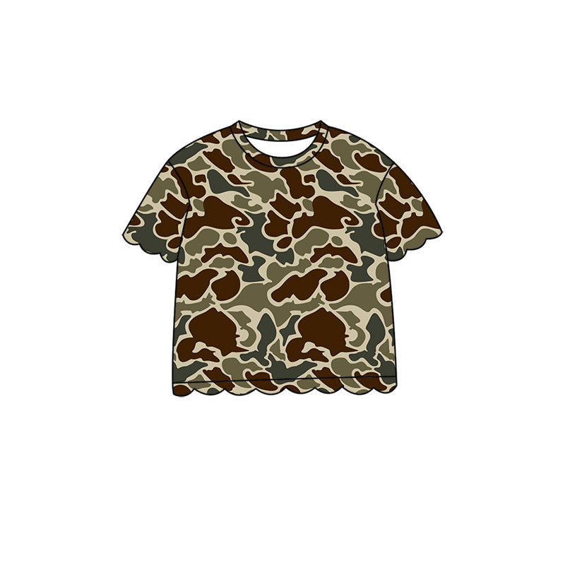 4.29 Pre order No Moq Baby Girls Casual Camo Short Sleeve Top Scallop Pockets Skirt Shorts Bottom Sets
