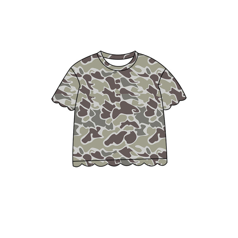4.29 Pre order No Moq Baby Girls Casual Camo Short Sleeve Top Scallop Pockets Skirt Shorts Bottom Sets