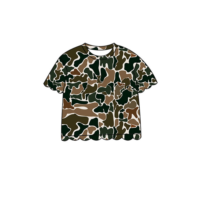 4.29 Pre order No Moq Baby Girls Casual Camo Short Sleeve Top Scallop Pockets Skirt Shorts Bottom Sets
