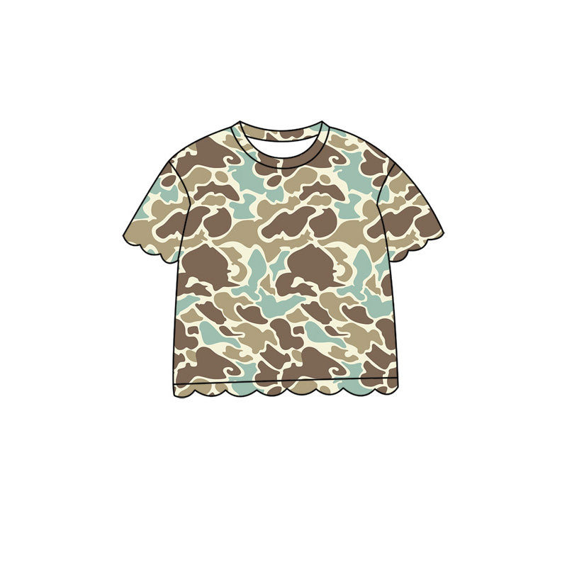 4.29 Pre order No Moq Baby Girls Casual Camo Short Sleeve Top Scallop Pockets Skirt Shorts Bottom Sets
