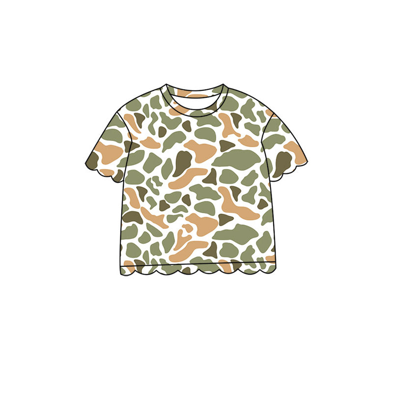 4.29 Pre order No Moq Baby Girls Casual Camo Short Sleeve Top Scallop Pockets Skirt Shorts Bottom Sets