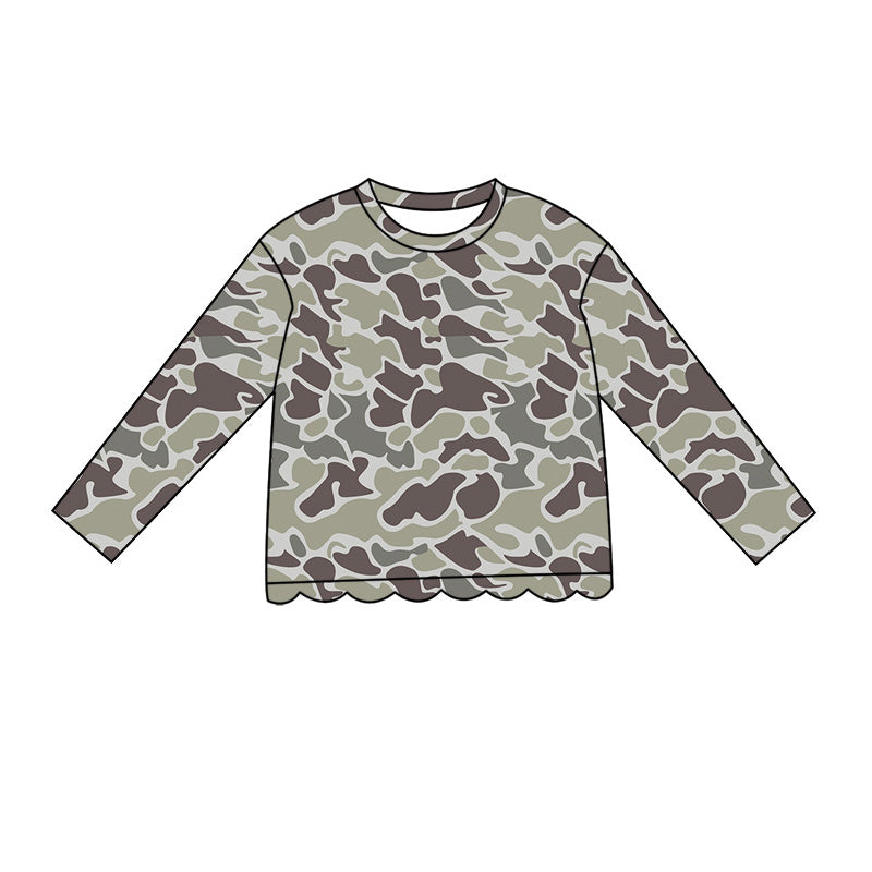 4.29 Pre order No Moq Baby Girls Casual Camo Long Sleeve Top Scallop Pockets Skirt Shorts Bottom Sets