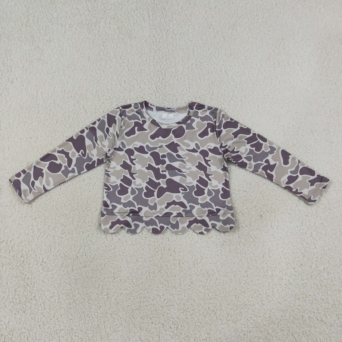 GT1685 RTS NO MOQ （In stock）milk silk Baby Girls Long Sleeve Southern Grey Camo Scallop T-shirts Top