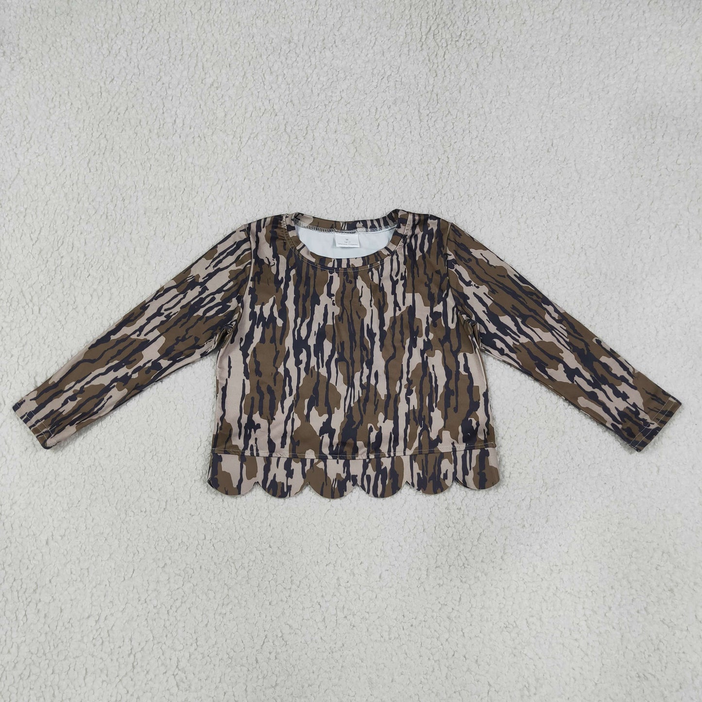 GT1686 RTS NO MOQ （In stock）Baby Girls Camo Print Long Sleeve Scallop Trim Crew Neck T Shirt Top