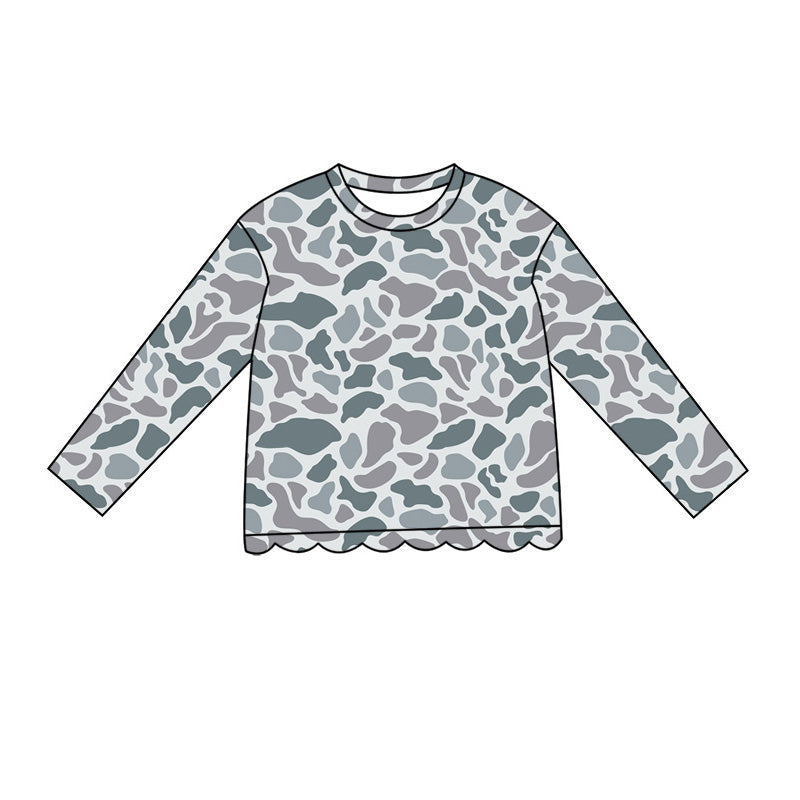 4.29 Pre order No Moq Baby Girls Casual Camo Long Sleeve Top Scallop Pockets Skirt Shorts Bottom Sets