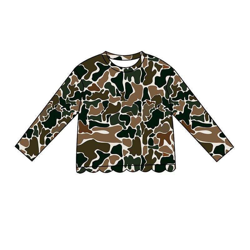 4.29 Pre order No Moq Baby Girls Casual Camo Long Sleeve Top Scallop Pockets Skirt Shorts Bottom Sets