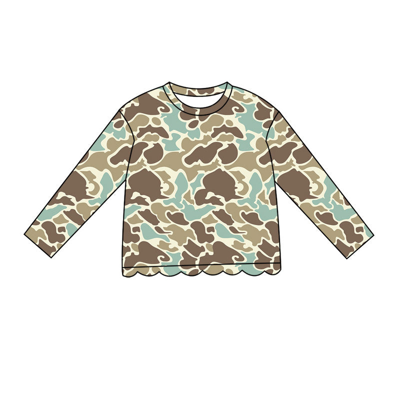 4.29 Pre order No Moq Baby Girls Casual Camo Long Sleeve Top Scallop Pockets Skirt Shorts Bottom Sets