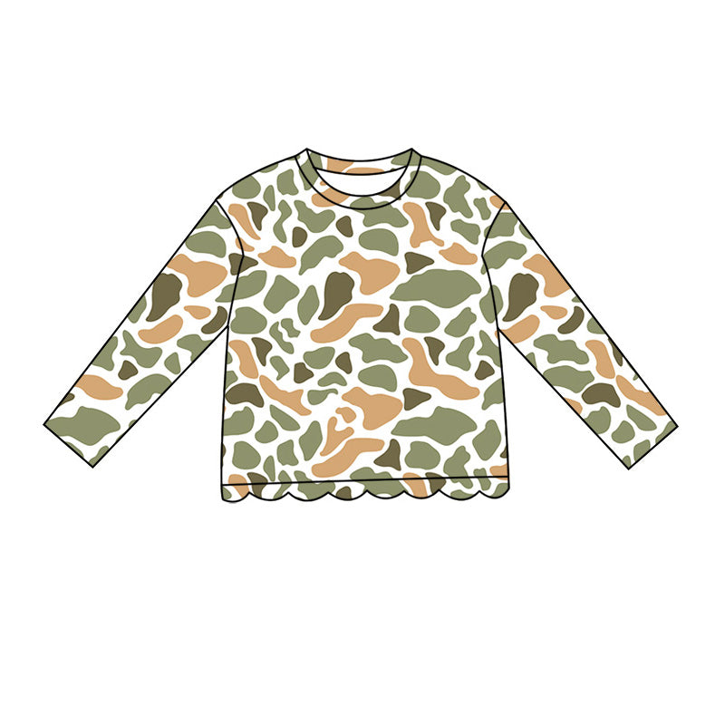 4.29 Pre order No Moq Baby Girls Casual Camo Long Sleeve Top Scallop Pockets Skirt Shorts Bottom Sets