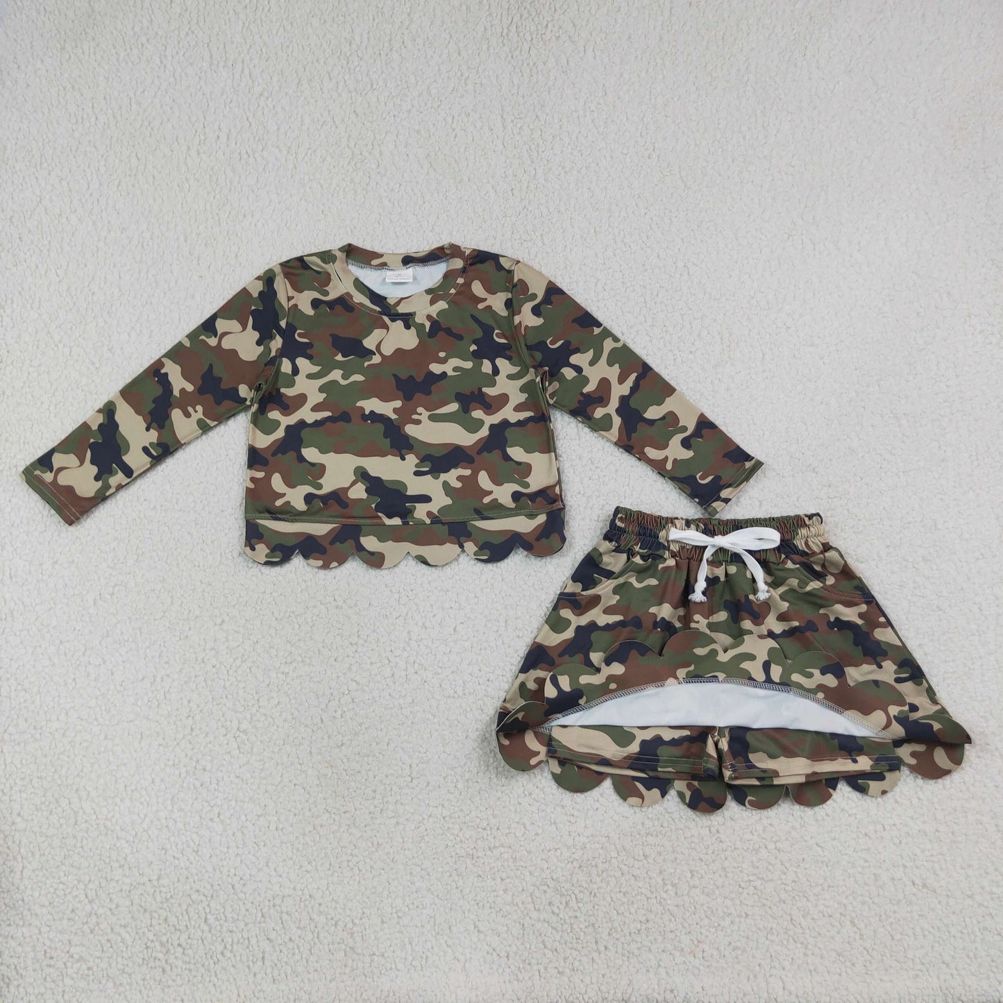 GT1691+GLK0303 RTS NO MOQ （In stock）Baby Girls Southern Green Camo Scallop Pockets Set