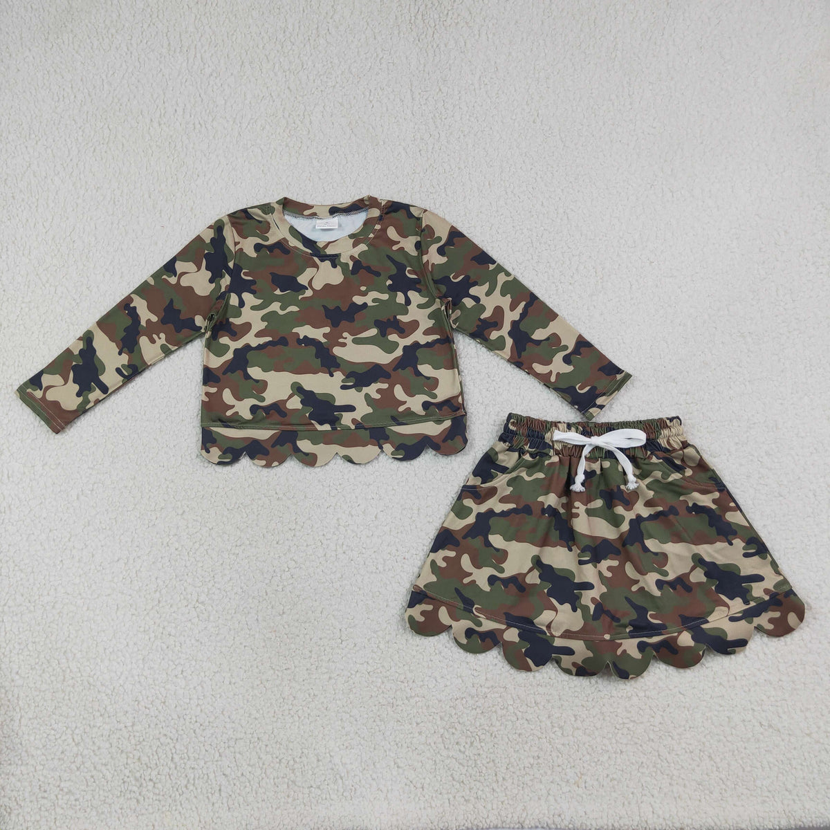 GT1691+GLK0303 RTS NO MOQ （In stock）Baby Girls Southern Green Camo Scallop Pockets Set