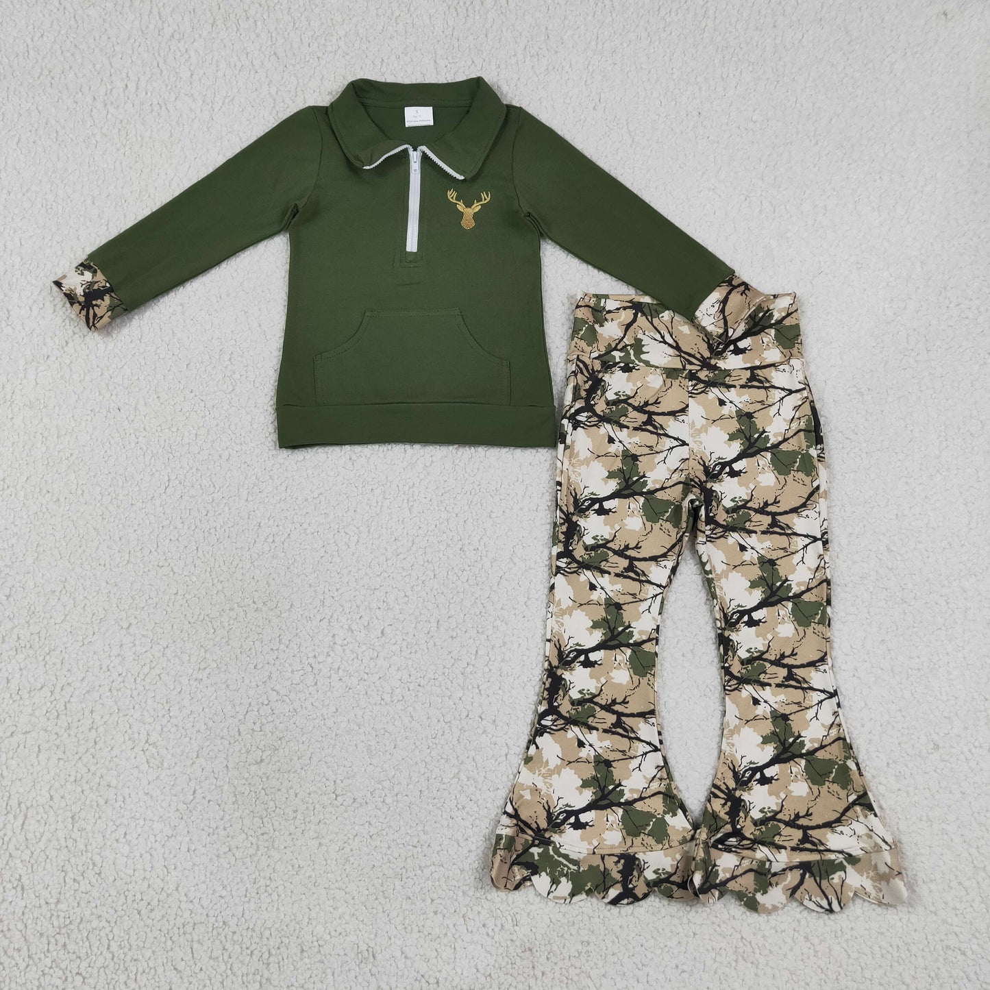GLP3369（GT1694+P1035） RTS NO MOQ （In stock）milk silk Embroidery Baby Girls Green Deer Embroidery Zip Pocket Top Scallop Full Length Pants Casual Outfit Sets