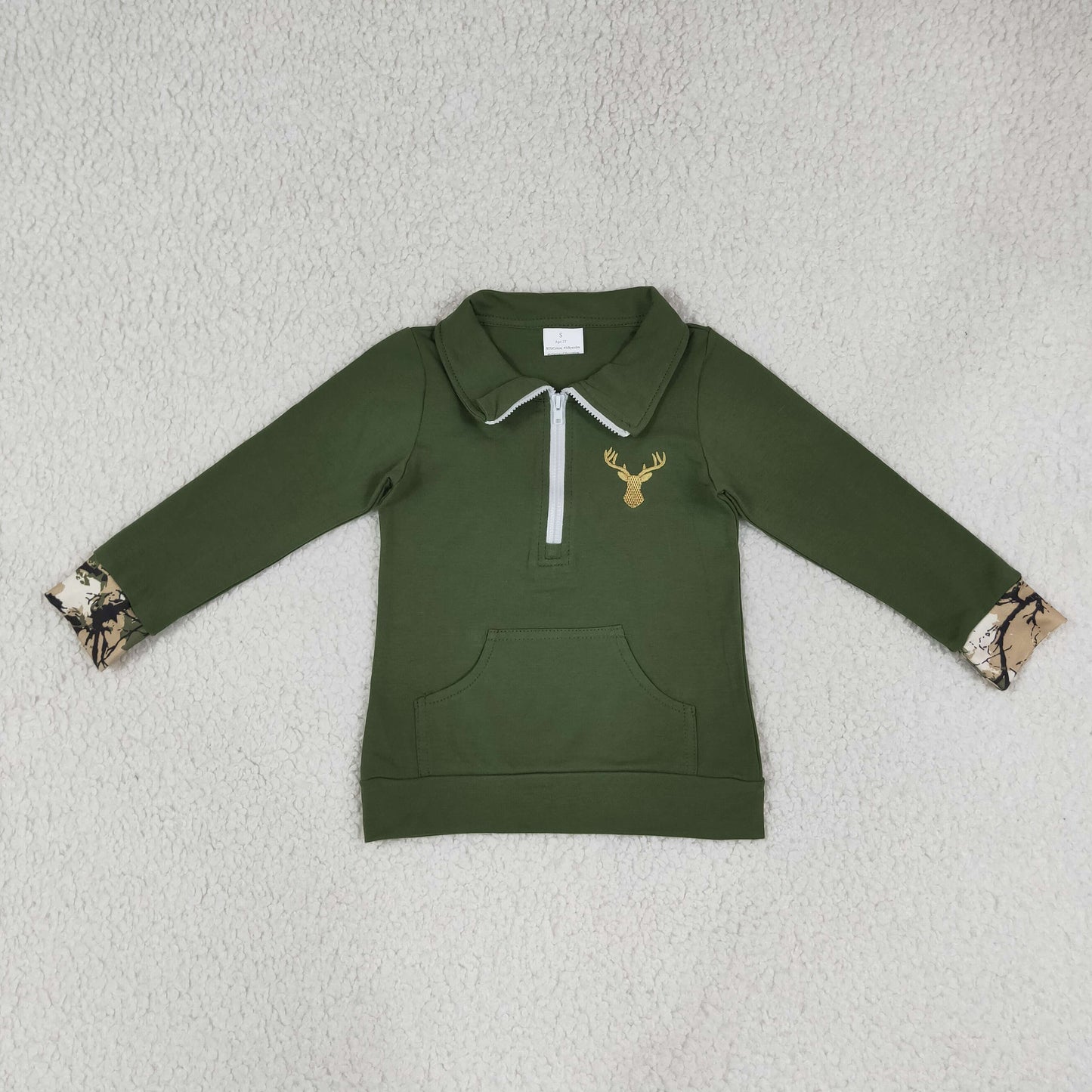 GLP3369（GT1694+P1035） RTS NO MOQ （In stock）milk silk Embroidery Baby Girls Green Deer Embroidery Zip Pocket Top Scallop Full Length Pants Casual Outfit Sets