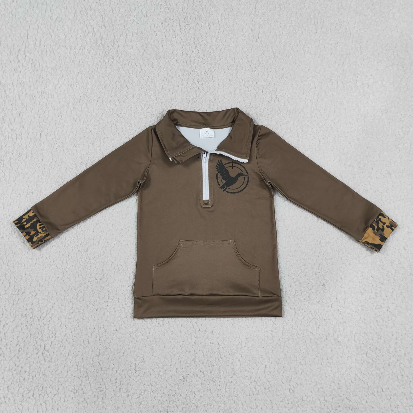 GT1698 RTS NO MOQ （In stock）milk silk GT1698 Baby Girls Hunting Olive Green Duck Print Long Sleeve Zip Pocket Pullover Top