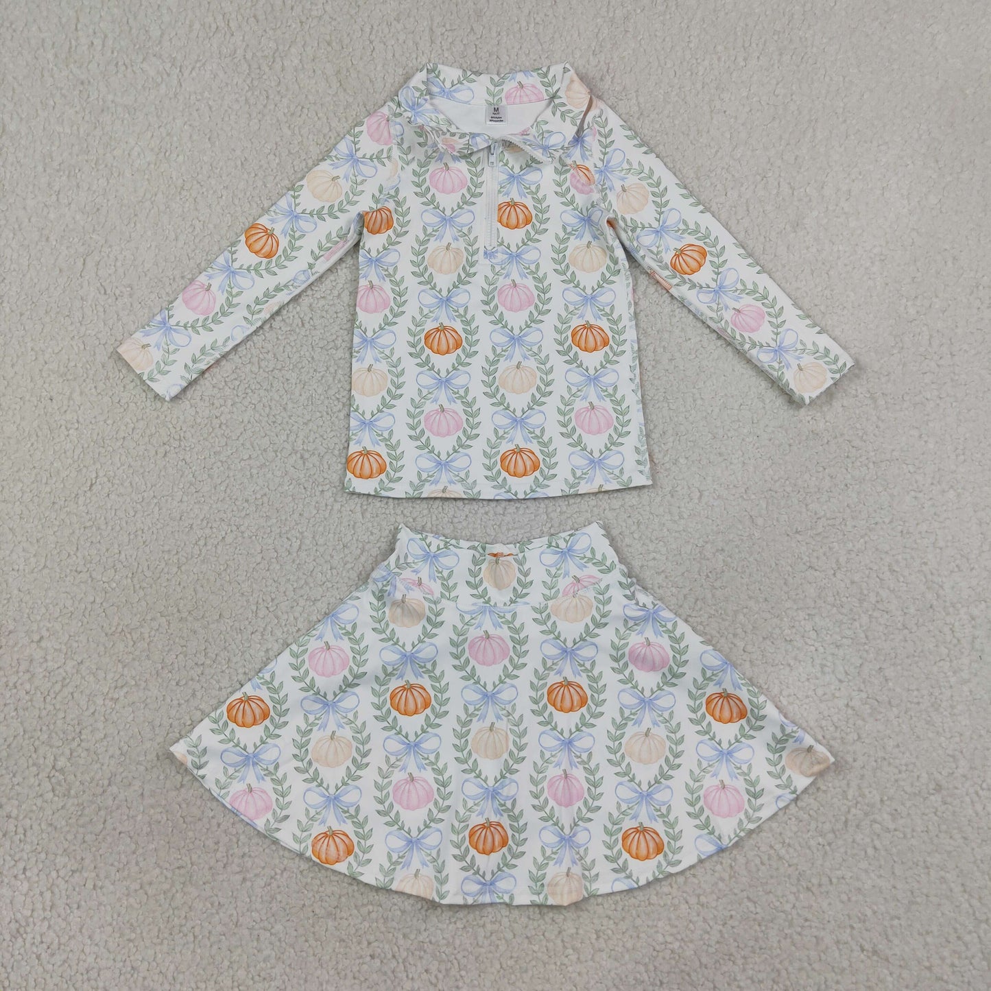 GLD1635（GT1705+GLK0317）RTS NO MOQ （In stock）Baby Girls Colorful Pumpkin Bow Zip Pullover Short Skirt Yoga Active Sets