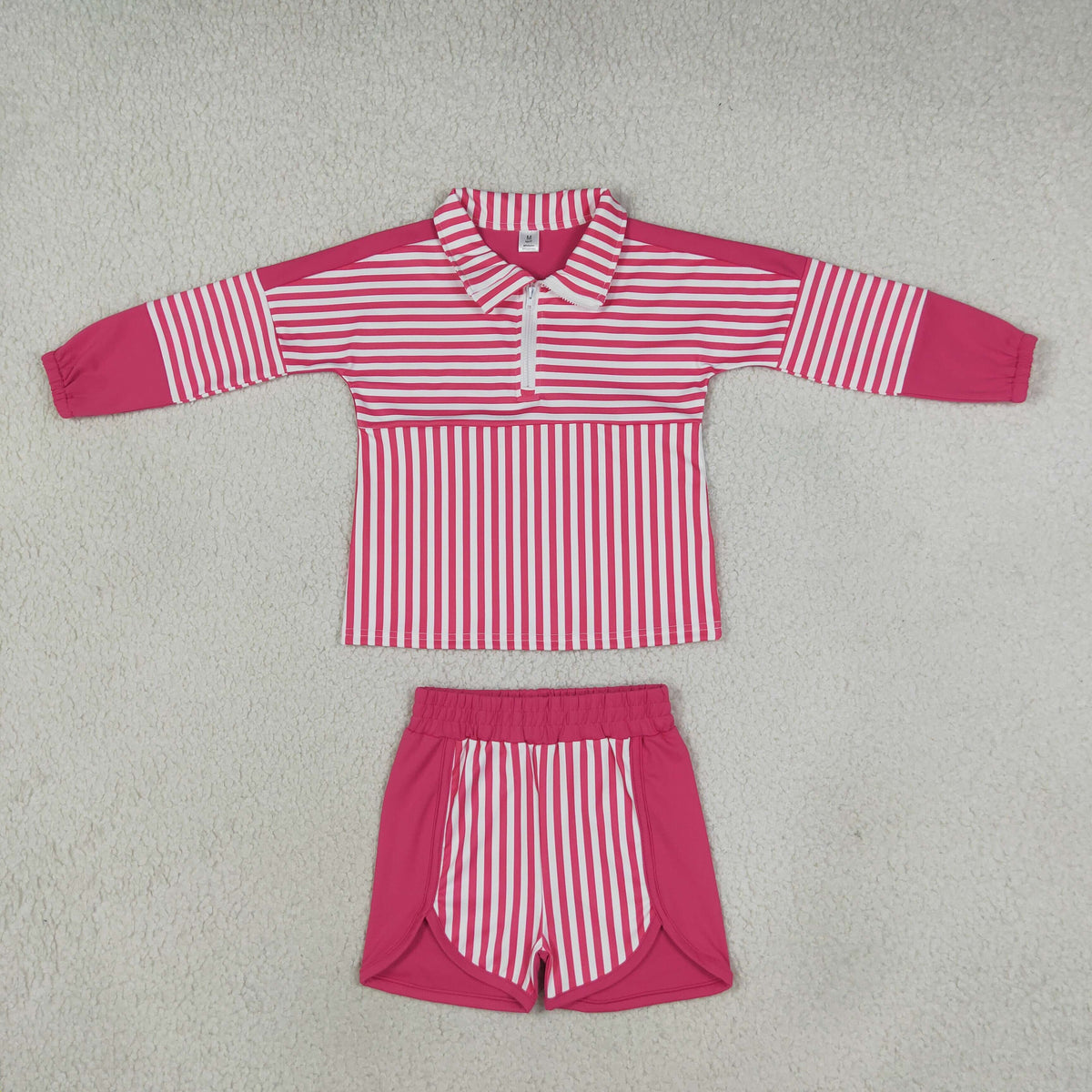 RTS NO MOQ （In stock）GLS0106 (GT1715+SS0949) Yoga Baby Girls Pink Stripe Print Zip Pullover Shorts Two Piece Yoga Set