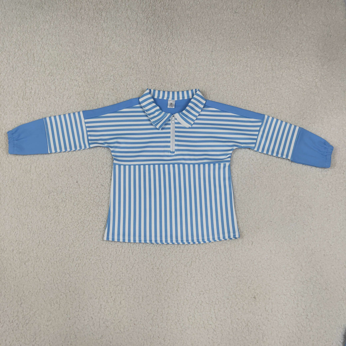 RTS NO MOQ （In stock）yoga fabric GT1716 Baby Girls Blue Stripe Yoga Half Zip Pullover Long Sleeve Tops