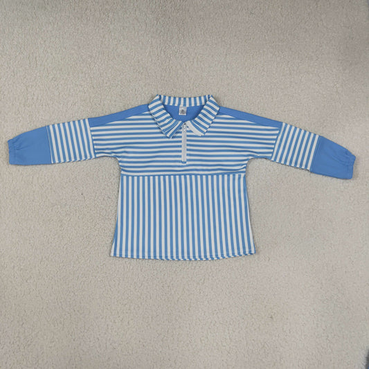 RTS NO MOQ （In stock）yoga fabric GT1716 Baby Girls Blue Stripe Yoga Half Zip Pullover Long Sleeve Tops