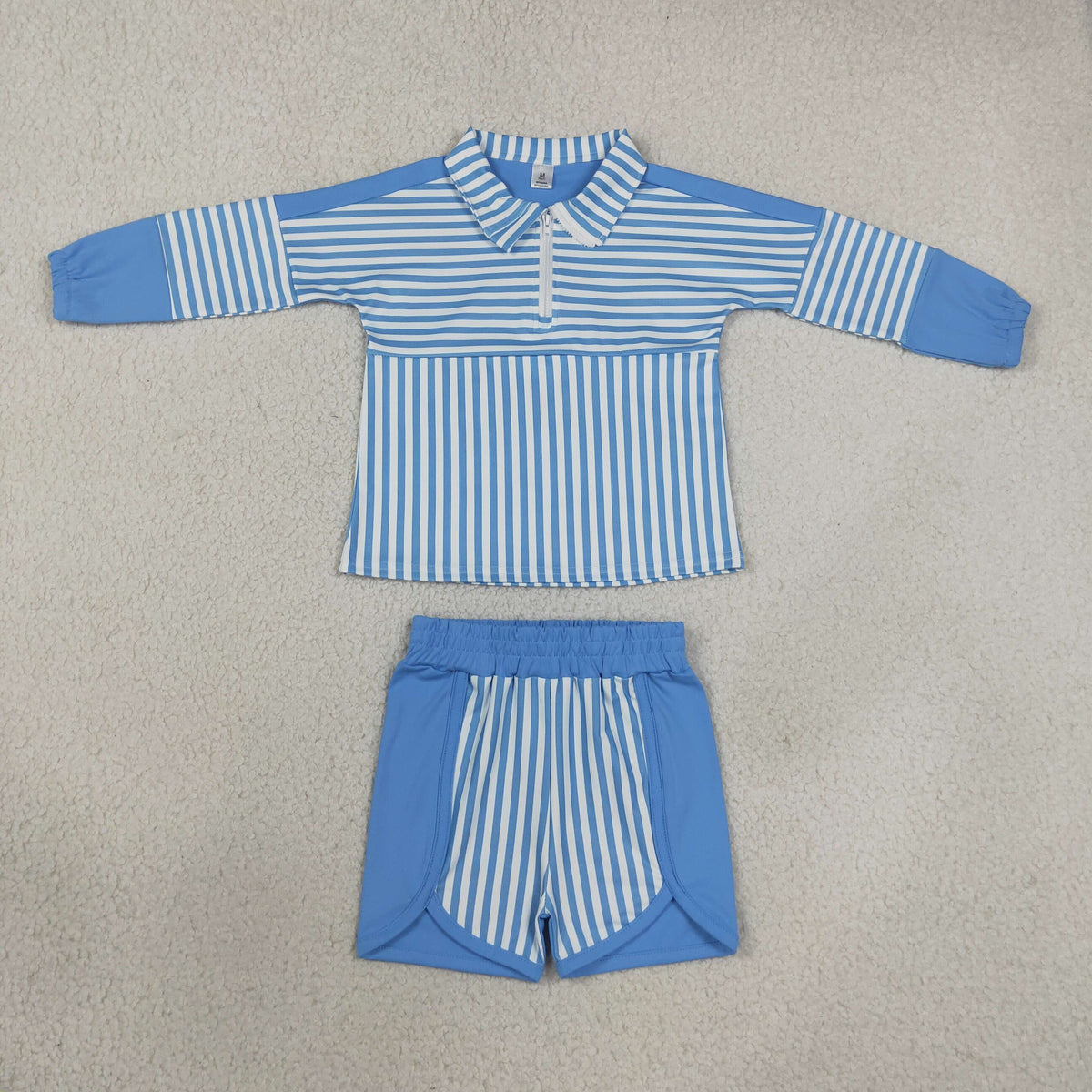 RTS NO MOQ （In stock）GLS0107(GT1716+SS0950) yoga fabric Baby Girls Hot Blue Stripe Zip Pullovers Shorts Yoga Active Clothes Sets