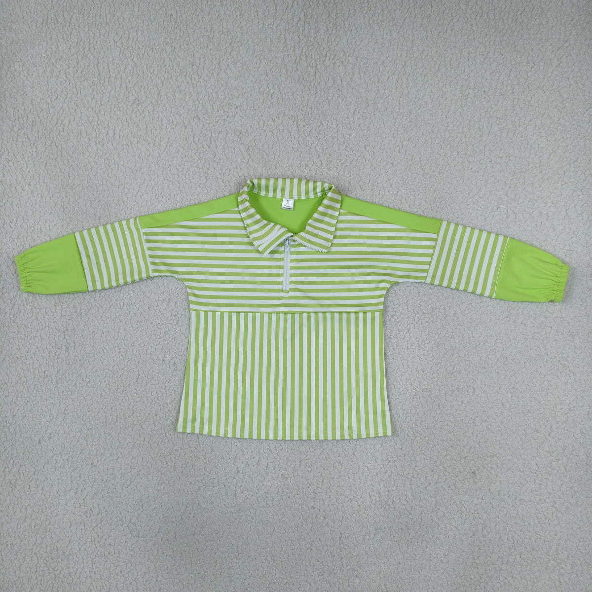 RTS NO MOQ （In stock）yoga fabric GT1718 Baby Girls Green Stripe Yoga Half Zip Pullover Long Sleeve Tops