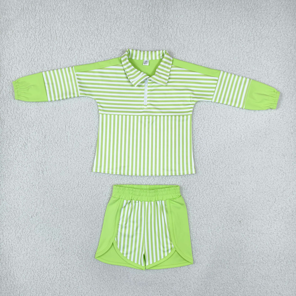 RTS NO MOQ （In stock）yoga fabric GLS0109 (GT1718+SS0952) Yoga Baby Girls Green Stripe Print Zip Pullover Matching Shorts Two Piece Yoga Active Set