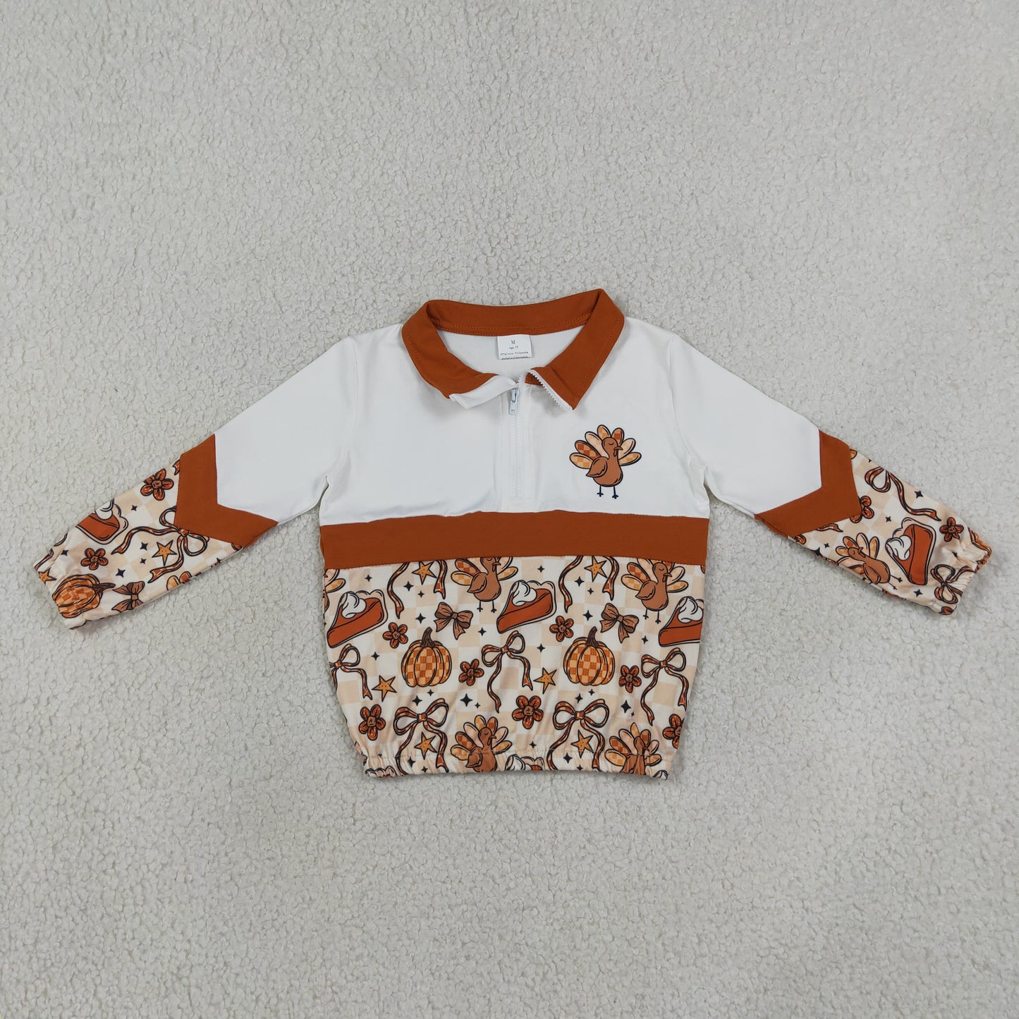GT1723 RTS NO MOQ （In stock）Baby Girls Turkey Bow Pumpkin Print Zip Pullover Thanksgiving Casual Top