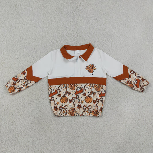 GT1723 RTS NO MOQ （In stock）Baby Girls Turkey Bow Pumpkin Print Zip Pullover Thanksgiving Casual Top