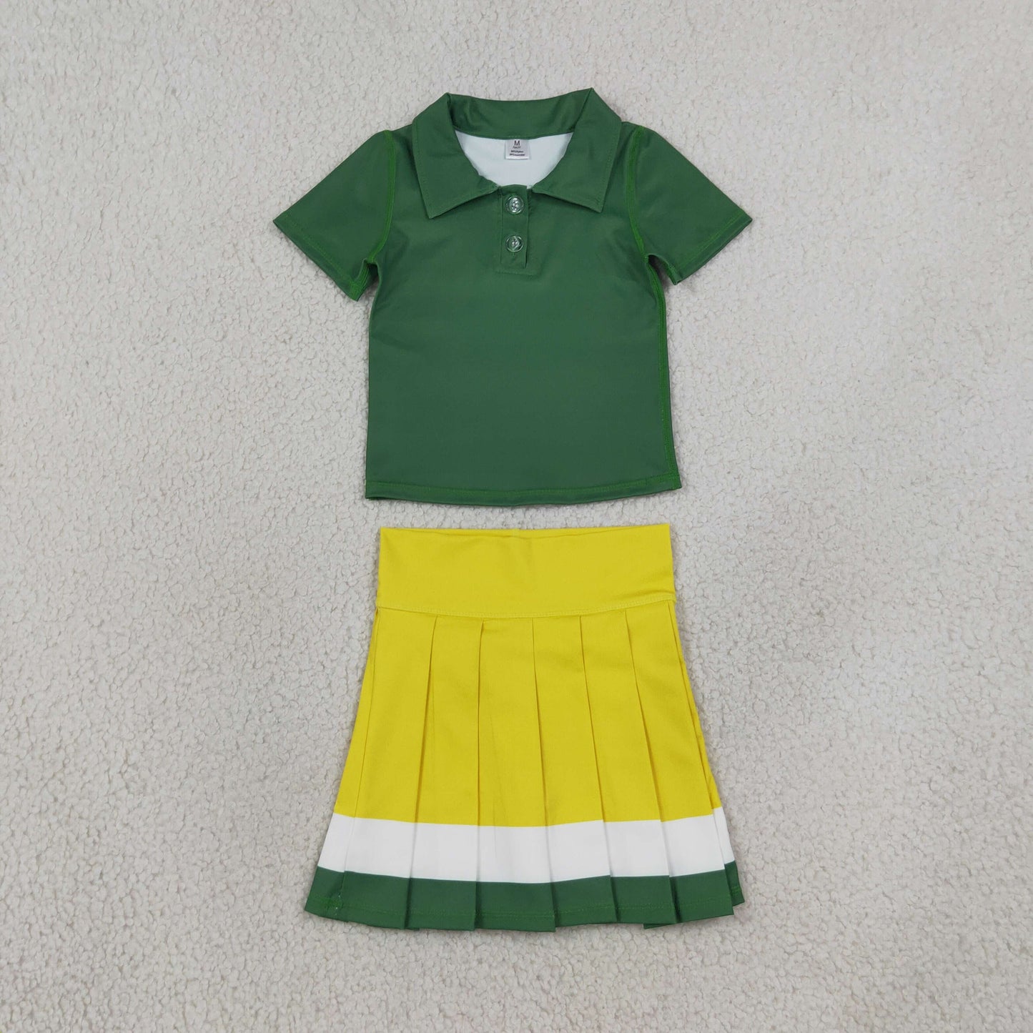 RTS NO MOQ （In stock）yoga fabric cotton GT1727+GLK0319 Yoga Baby Girls Green Short Sleeve Yoga Active Button Polo Shirts Top Daily Top Yellow Green White Yoga Active Pleated Skirt Short Bottoms Sets