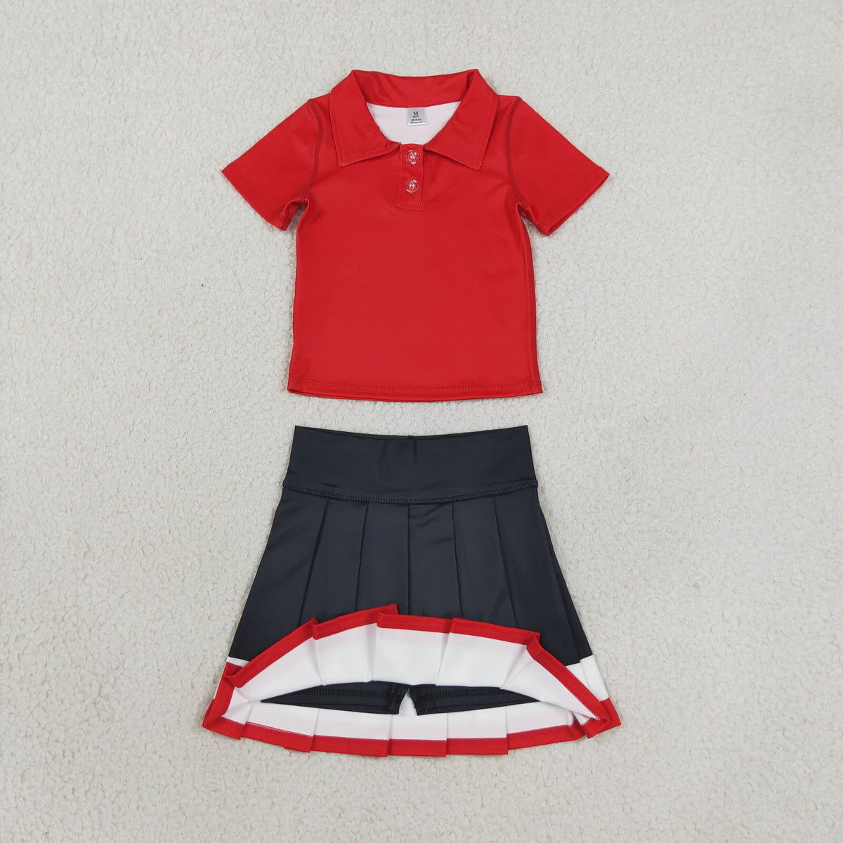 RTS NO MOQ （In stock）yoga fabric cotton GT1727+GLK0319 Yoga Baby Girls Red Short Sleeve Yoga Active Button Polo Shirts Top Daily Top Yellow Green White Yoga Active Pleated Skirt Short Bottoms Sets