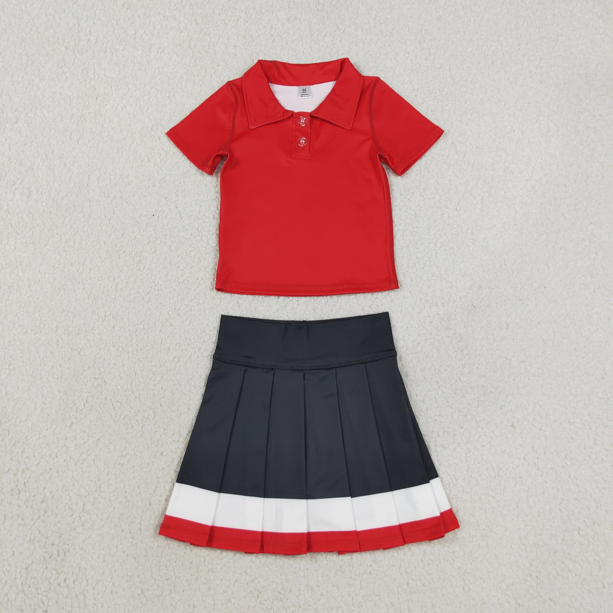 RTS NO MOQ （In stock）yoga fabric cotton GT1727+GLK0319 Yoga Baby Girls Red Short Sleeve Yoga Active Button Polo Shirts Top Daily Top Yellow Green White Yoga Active Pleated Skirt Short Bottoms Sets