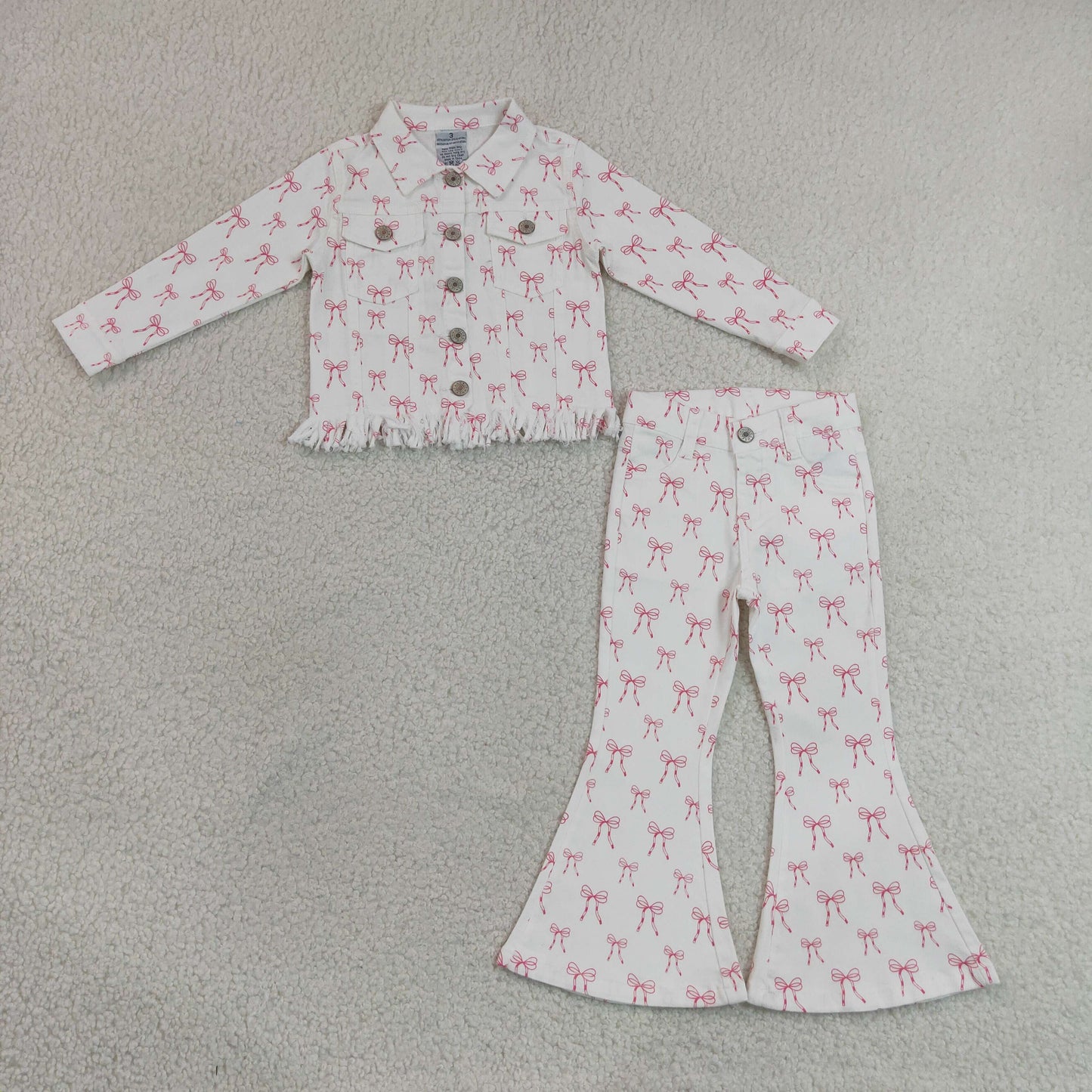GLP3453（GT1729+P1042） RTS NO MOQ （In stock）Baby Girls Pink Bow Print Long Sleeve Denim Jacket Flared Jeans Matching Set