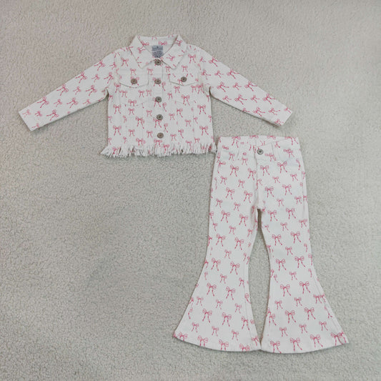 GLP3453（GT1729+P1042） RTS NO MOQ （In stock）Baby Girls Pink Bow Print Long Sleeve Denim Jacket Flared Jeans Matching Set