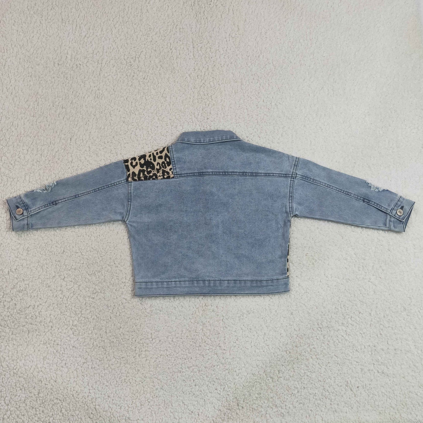GT1730 RTS NO MOQ （In stock）Baby kids Long-sleeve denim top with leopard-print pocket detail