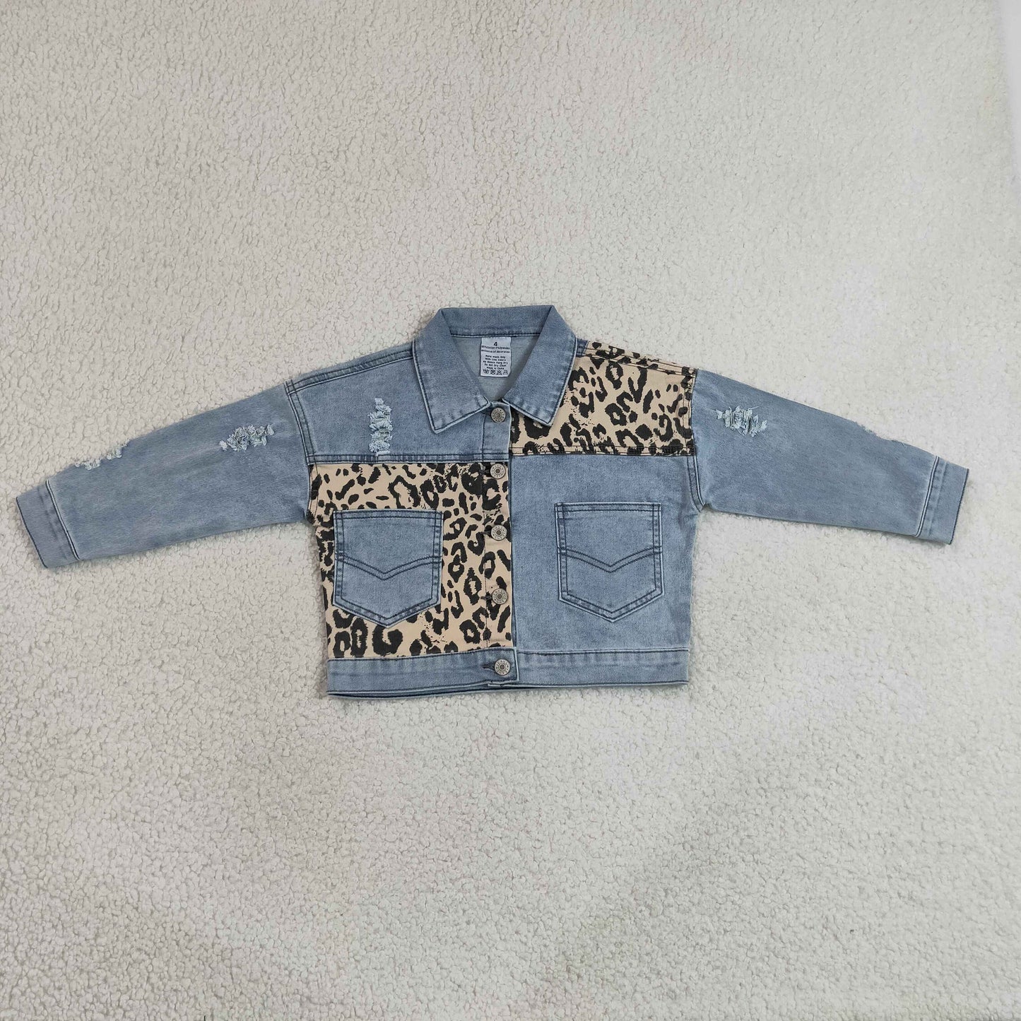 GT1730 RTS NO MOQ （In stock）Baby kids Long-sleeve denim top with leopard-print pocket detail