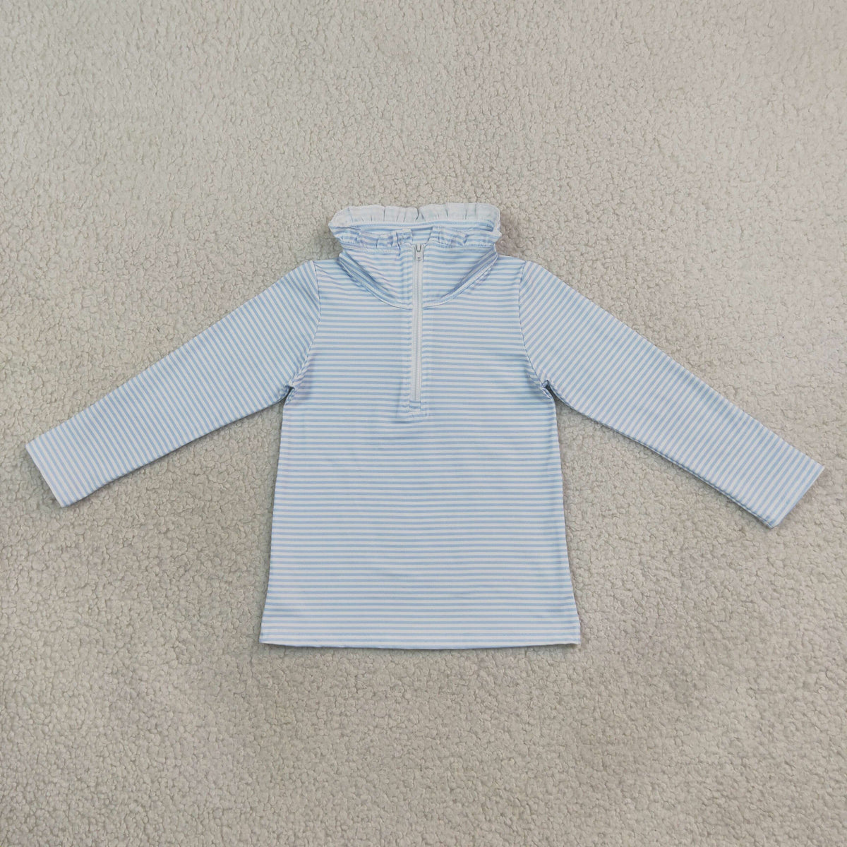 RTS NO MOQ （In stock）milk silk GT1755 Baby Girls Long Sleeve Light Blue Stripe Zip Ruffle Pullovers Top