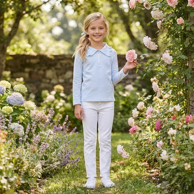 RTS NO MOQ （In stock）milk silk GT1755 Baby Girls Long Sleeve Light Blue Stripe Zip Ruffle Pullovers Top