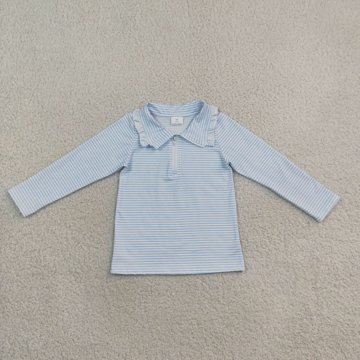RTS NO MOQ （In stock）milk silk GT1755 Baby Girls Long Sleeve Light Blue Stripe Zip Ruffle Pullovers Top