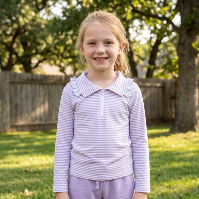 RTS NO MOQ （In stock）milk silk GT1758 Baby Girls Long Sleeve Lavender Stripe Zip Pullovers Top