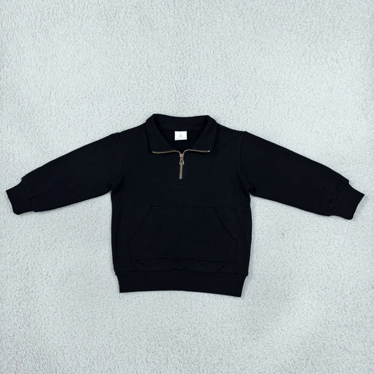 RTS NO MOQ （In stock）fleece GT1764 Baby Girls Zip Pocket Black Long Sleeve Sweater Pullovers Top