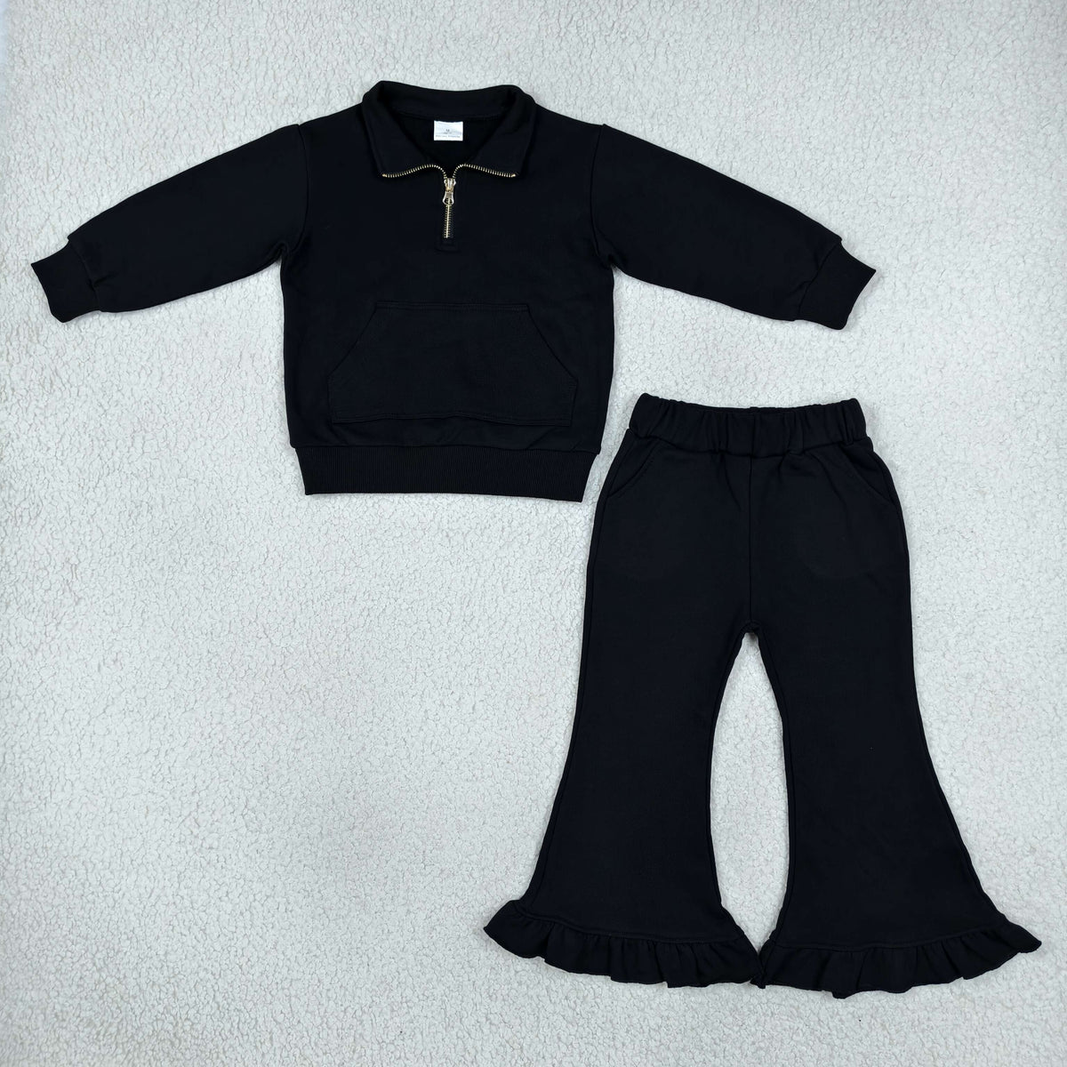 RTS NO MOQ （In stock）fleece GLP3489（GT1764+P1072）Baby Girls Black Zip Pockets Top Ruffle Flare Pant Sweater Clothes Set Cute Casual Outfit