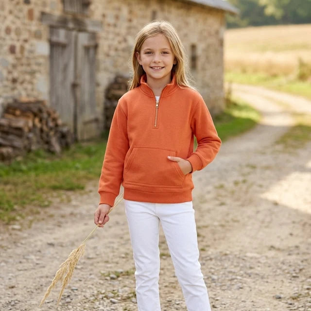 RTS NO MOQ （In stock）fleece GT1765 Baby Girls Zip Pocket Orange Long Sleeve Sweater Pullovers Top