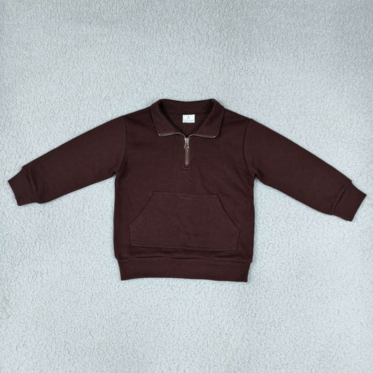 RTS NO MOQ （In stock）fleece GT1766 Baby Girls Zip Pocket Brown Long Sleeve Sweater Pullovers Top