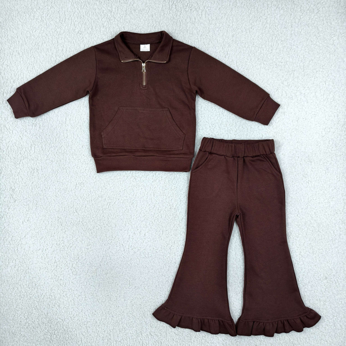 RTS NO MOQ （In stock）fleece GLP3491（GT1766+P1074）Baby Girls Brown Zip Pockets Top Ruffle Flare Pant Sweater Clothes Set Cute Casual Outfit