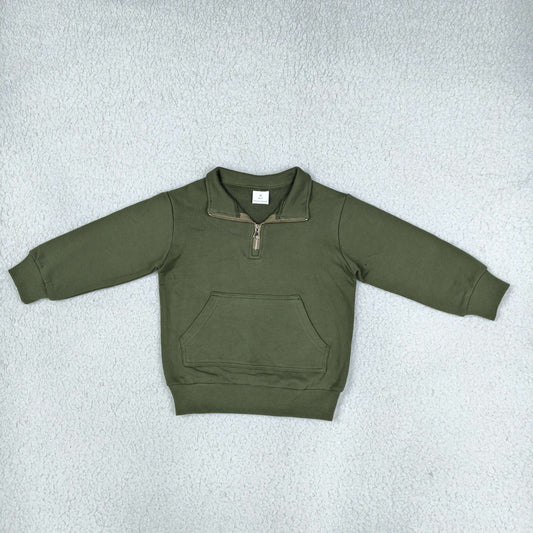RTS NO MOQ （In stock）fleece GT1767 Baby Girls Olive Zip Pocket Long Sleeve Sweater Pullovers Top