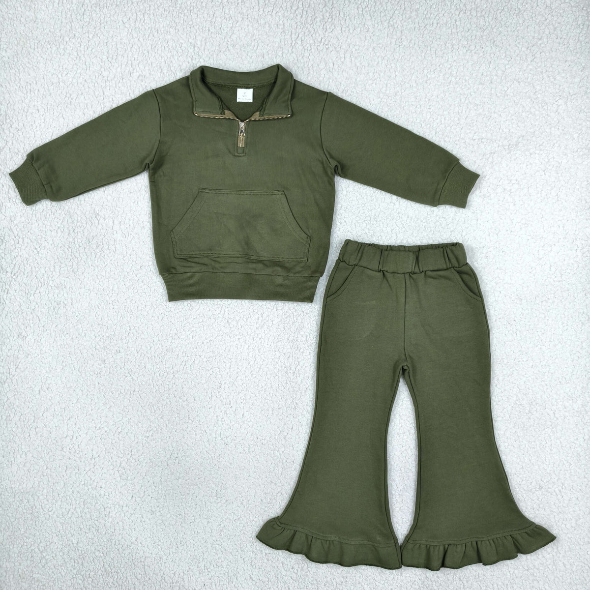 RTS NO MOQ Sibling fleece Baby Girls Fall Solid Pullover Quarter Zip Sweatshirt Ruffle Bell Bottom Outfit