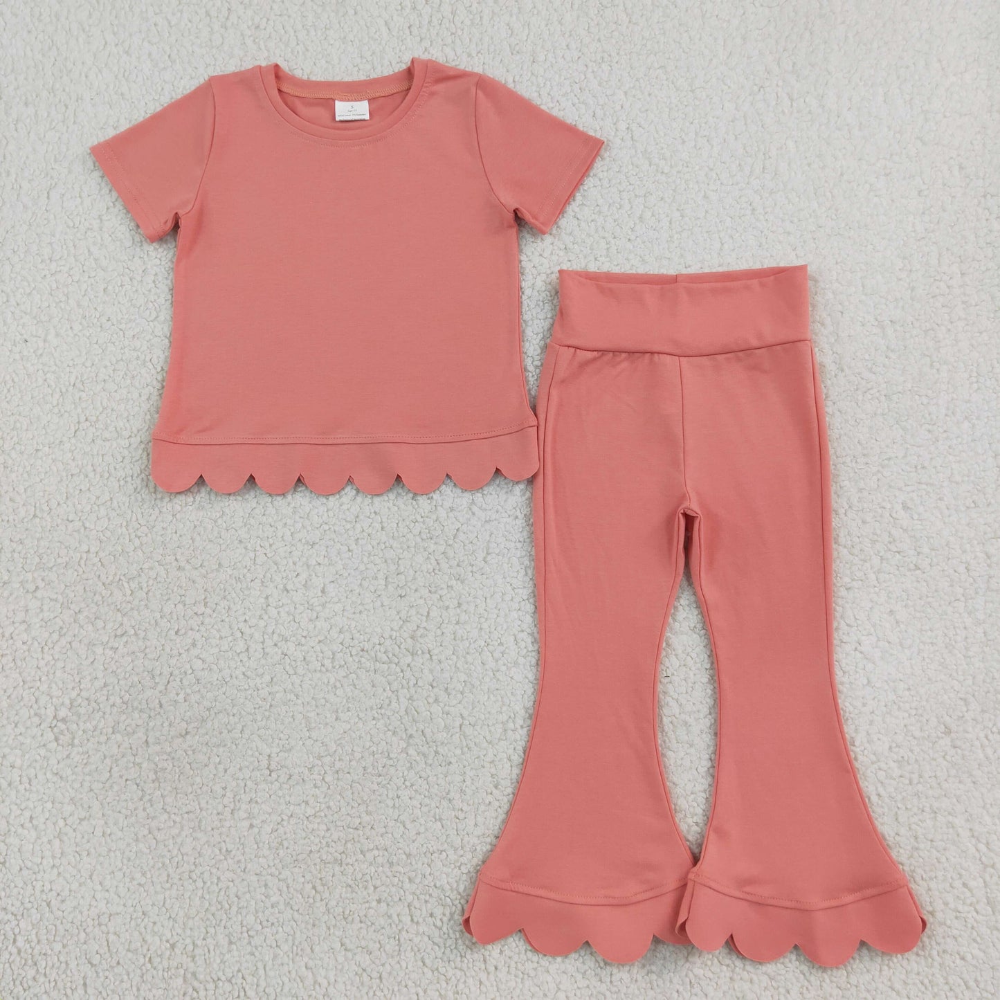 RTS NO MOQ Sibling cotton Baby Girls Solid Color Short Sleeve Top Flare Pant Scallop Clothes Sets Spring Summer Casual Outfit