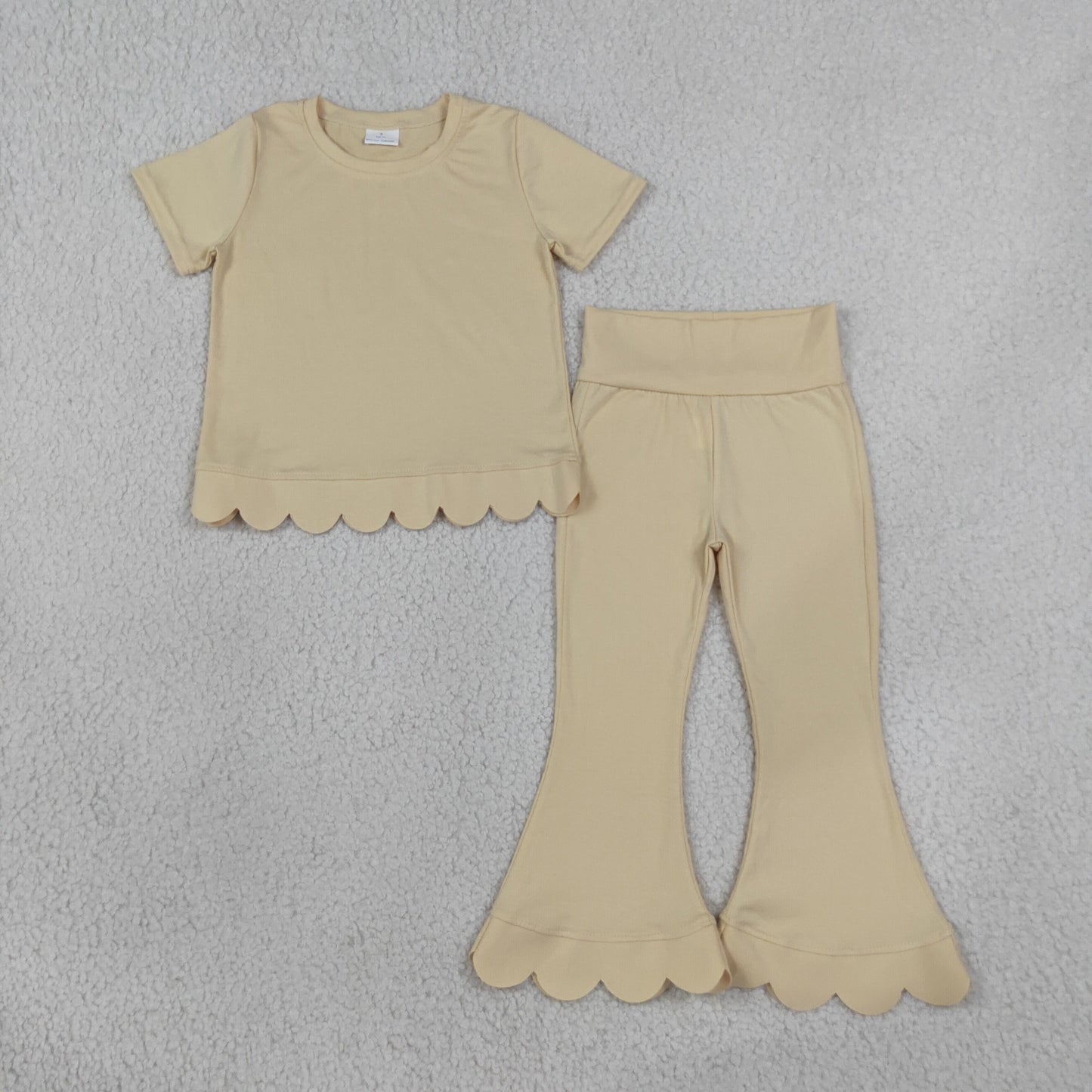 RTS NO MOQ （In stock）cotton GSPO2340（GT1770+P1078）Baby Girls White Short Sleeve Shirts Top Flare Pant Scallop Sets