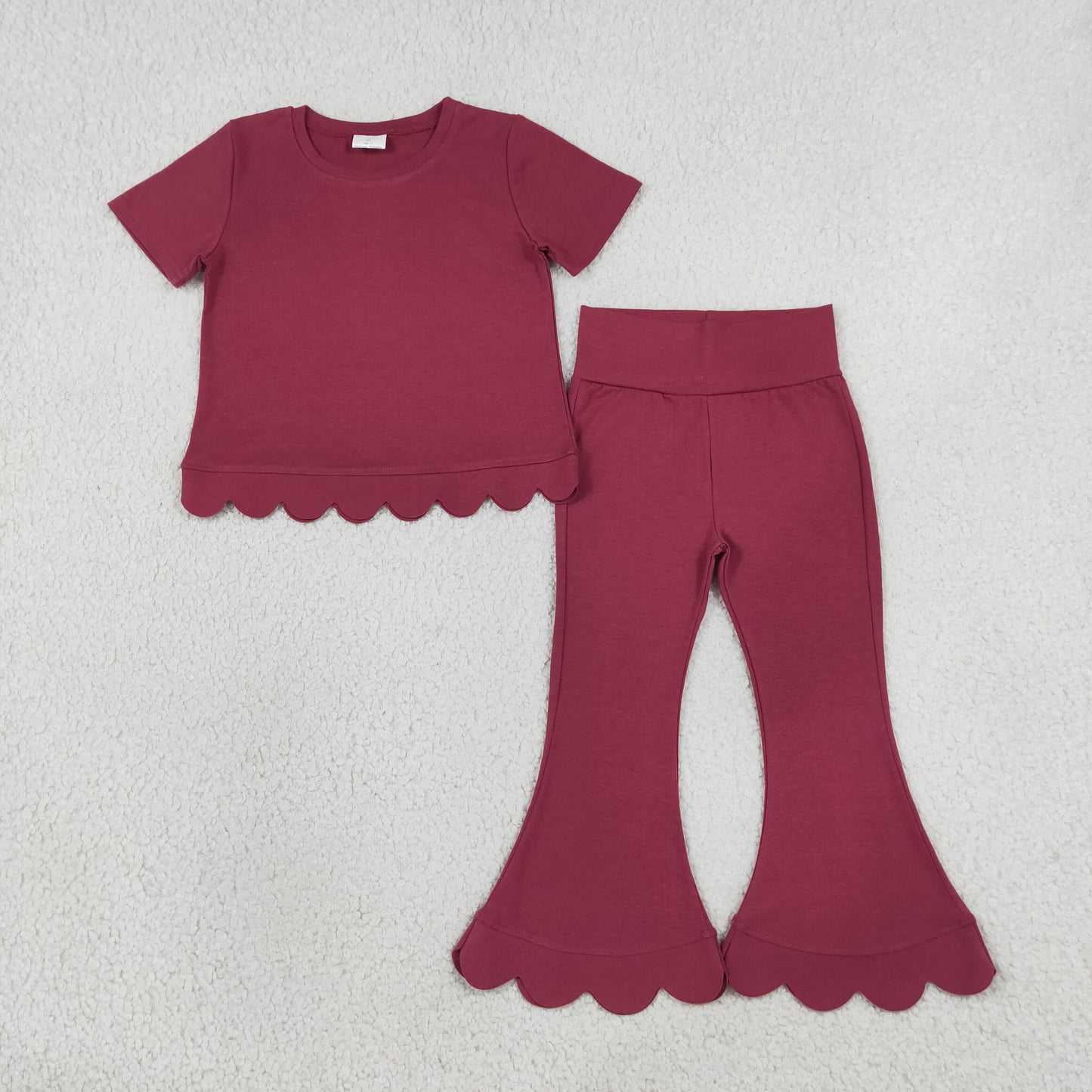 RTS NO MOQ （In stock）cotton GSPO2341（GT1771+P1079）Baby Girls Red Short Sleeve Shirts Top Flare Pant Scallop Sets