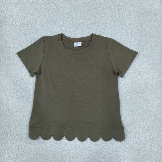 RTS NO MOQ （In stock）cotton GT1772 Baby Girls Olive Short Sleeve Scallop T‑shirts Top Summer Spring Casual Pullover Tees