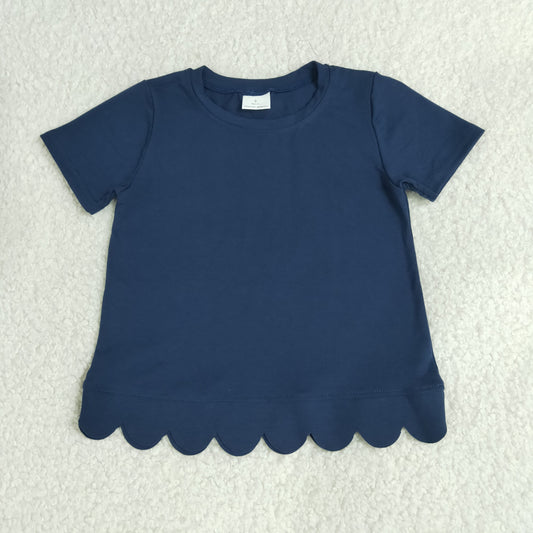 RTS NO MOQ （In stock）cotton GT1773 Baby Girls Navy Blue Short Sleeve Scallop T‑shirts Top Summer Spring Casual Pullover Tees