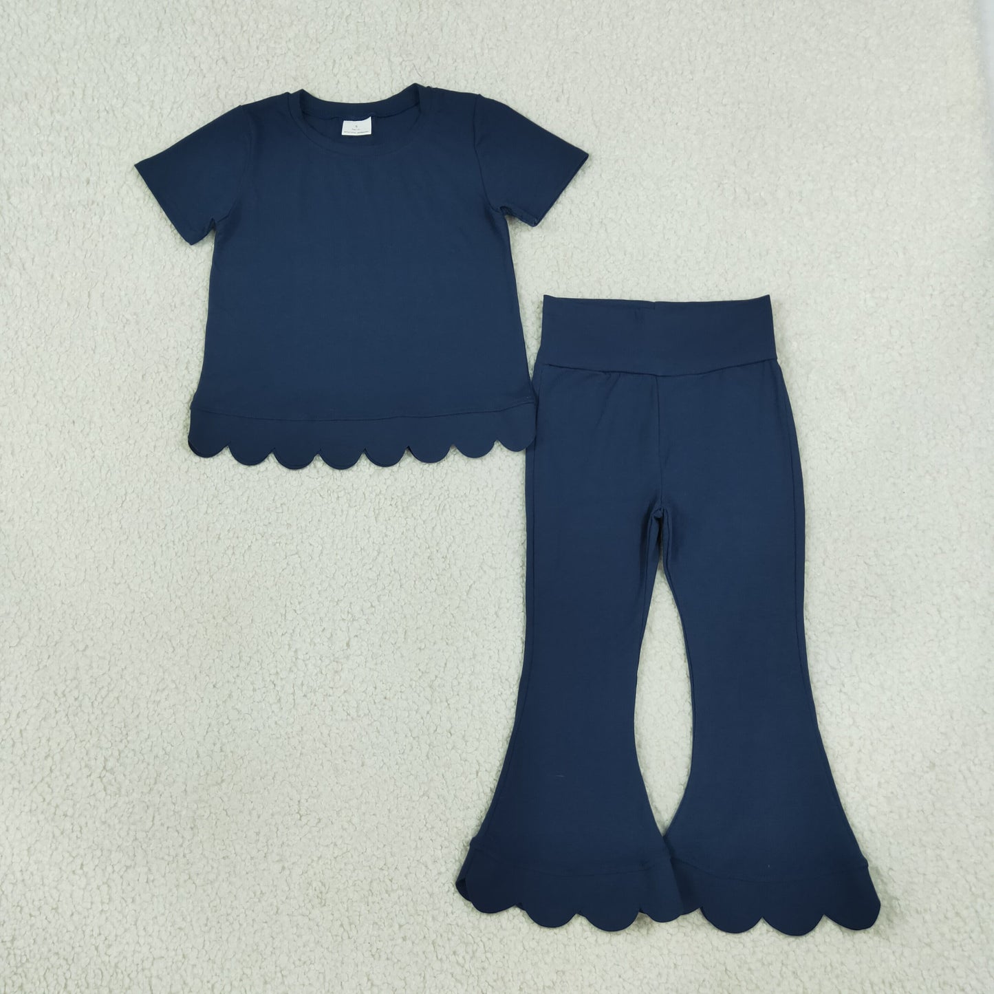 RTS NO MOQ （In stock） cotton GSPO2343（GT1773+P1081）Baby Girls Navy Short Sleeve Shirts Top Flare Pant Scallop Sets